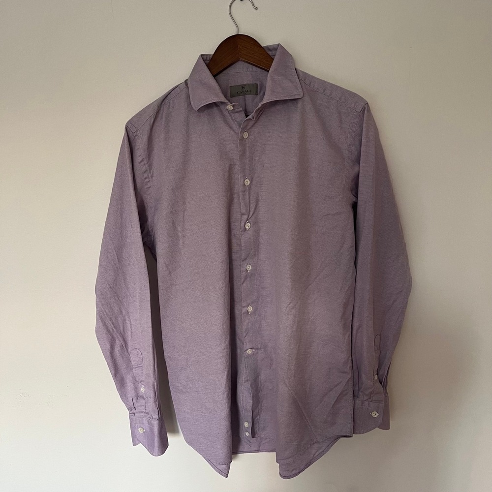 Canali Mens Purple Micro Pattern Dress Shirt 16.5 42 Made in Italy Spread Collar